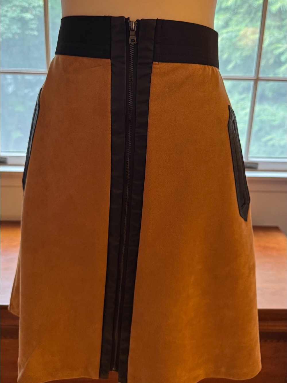 Suede-Look Ochre A-Line Skirt with Black Trim